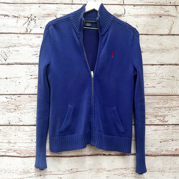 RALPH LAUREN POLO Women’s Full Zip Cable Knit Crest Sweater Sz M - Picture 1 of 6
